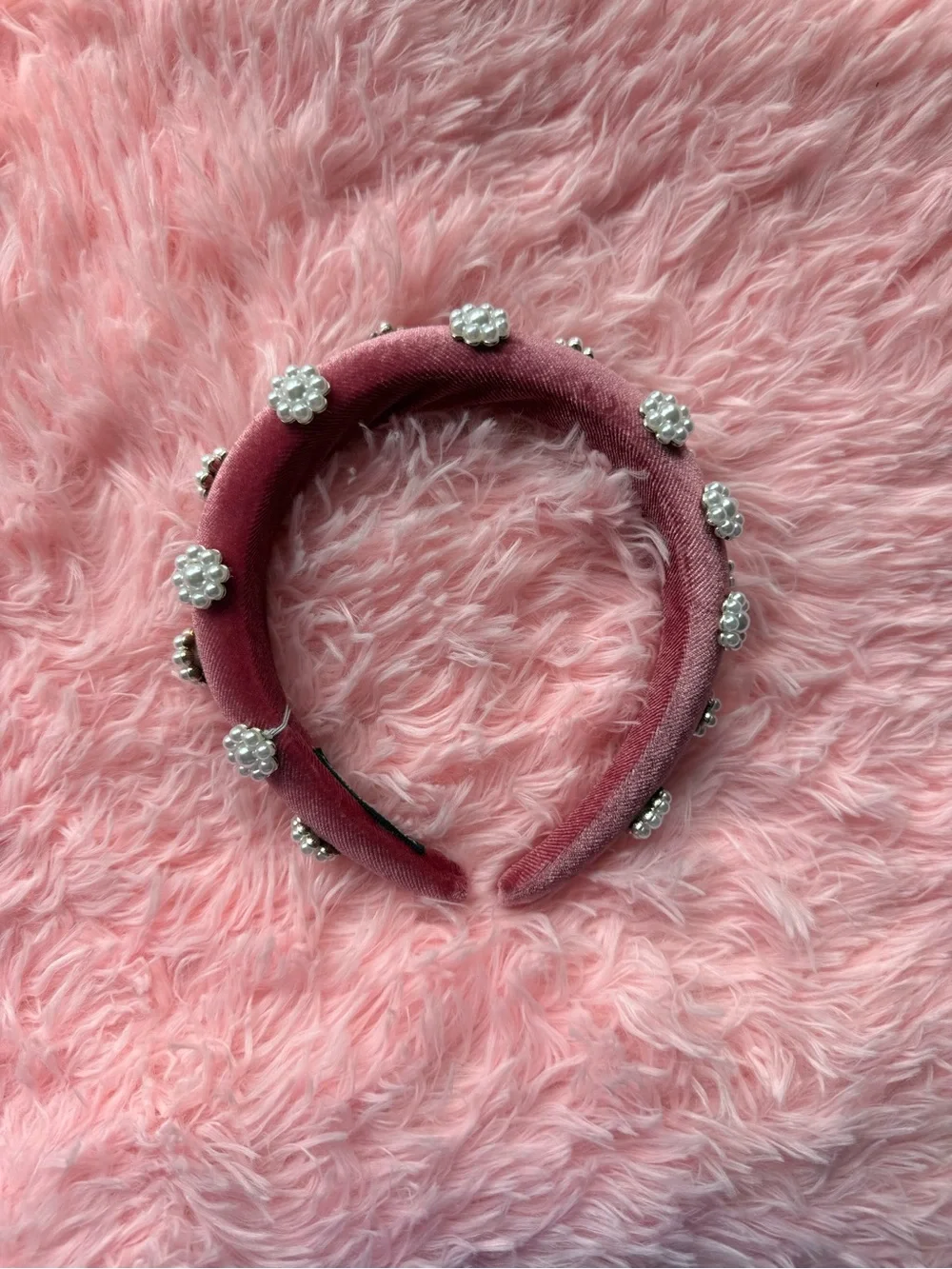 Francesca's Velvet Pearl-Embellished Headband in Burgundy